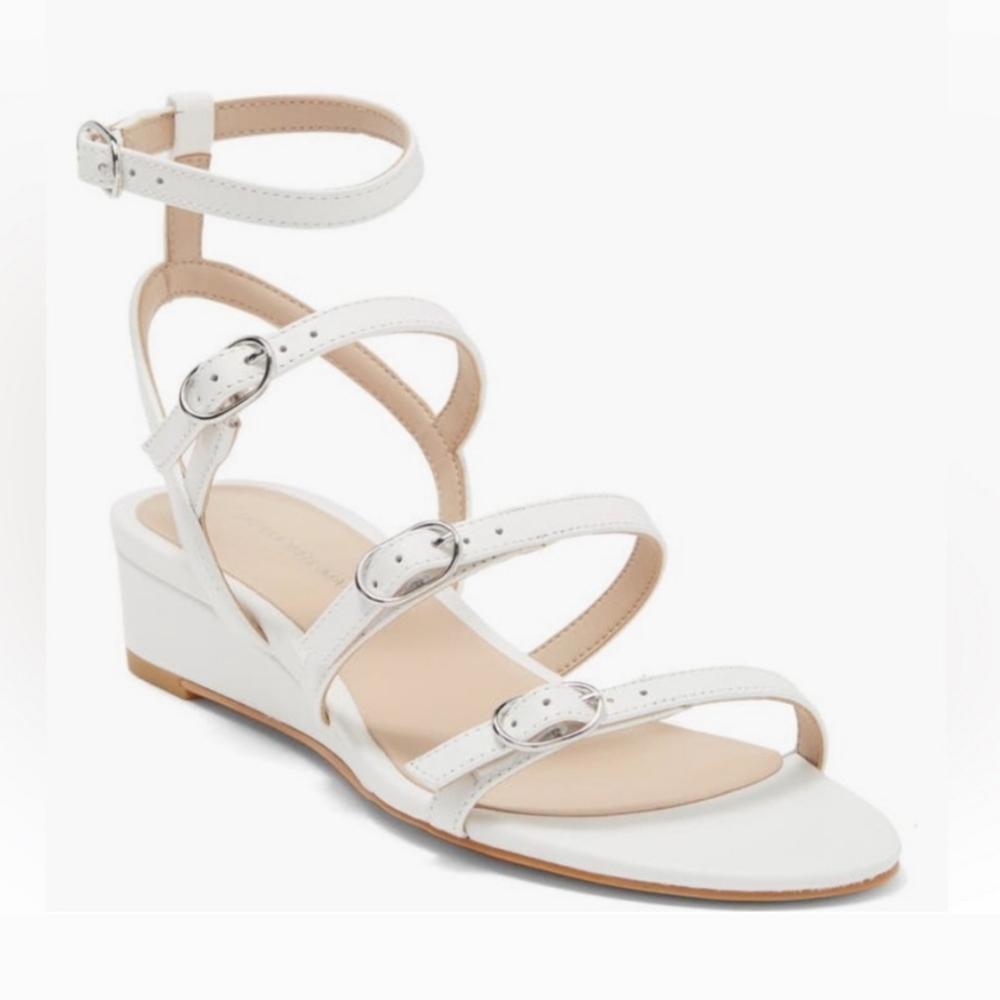 Stuart Weitzman Grecian Buckle Wedge Sandal (Women) White Smooth Calf Leather